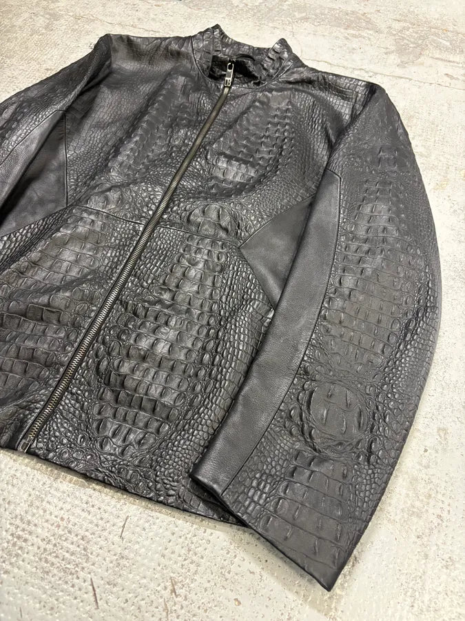 2010s Dirk Bikkembergs Black Biker Crocodile Embossed Leather Jacket KAdctiG 4