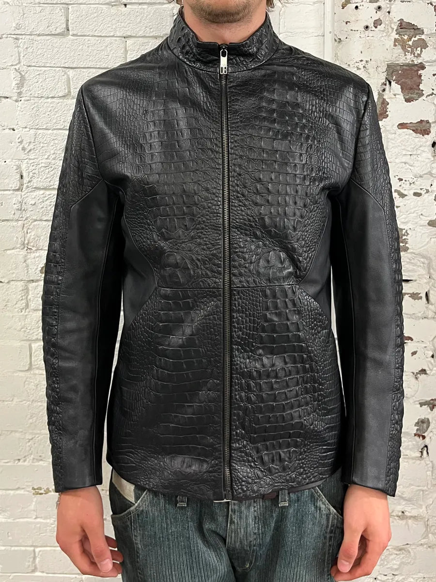 2010s Dirk Bikkembergs Black Biker Crocodile Embossed Leather Jacket KAdctiG 1