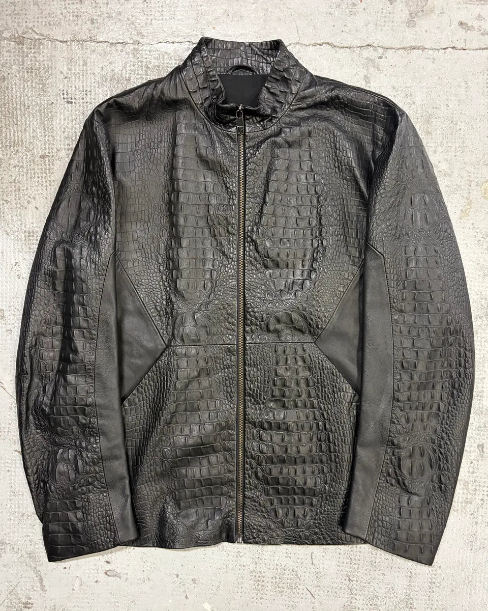 2010s Dirk Bikkembergs Black Biker Crocodile Embossed Leather Jacket KAdctiG 0