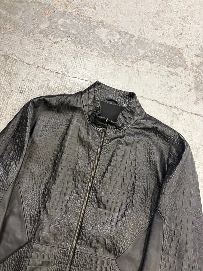 2010s Dirk Bikkembergs Black Biker Crocodile Embossed Leather Jacket KAdctiG 3
