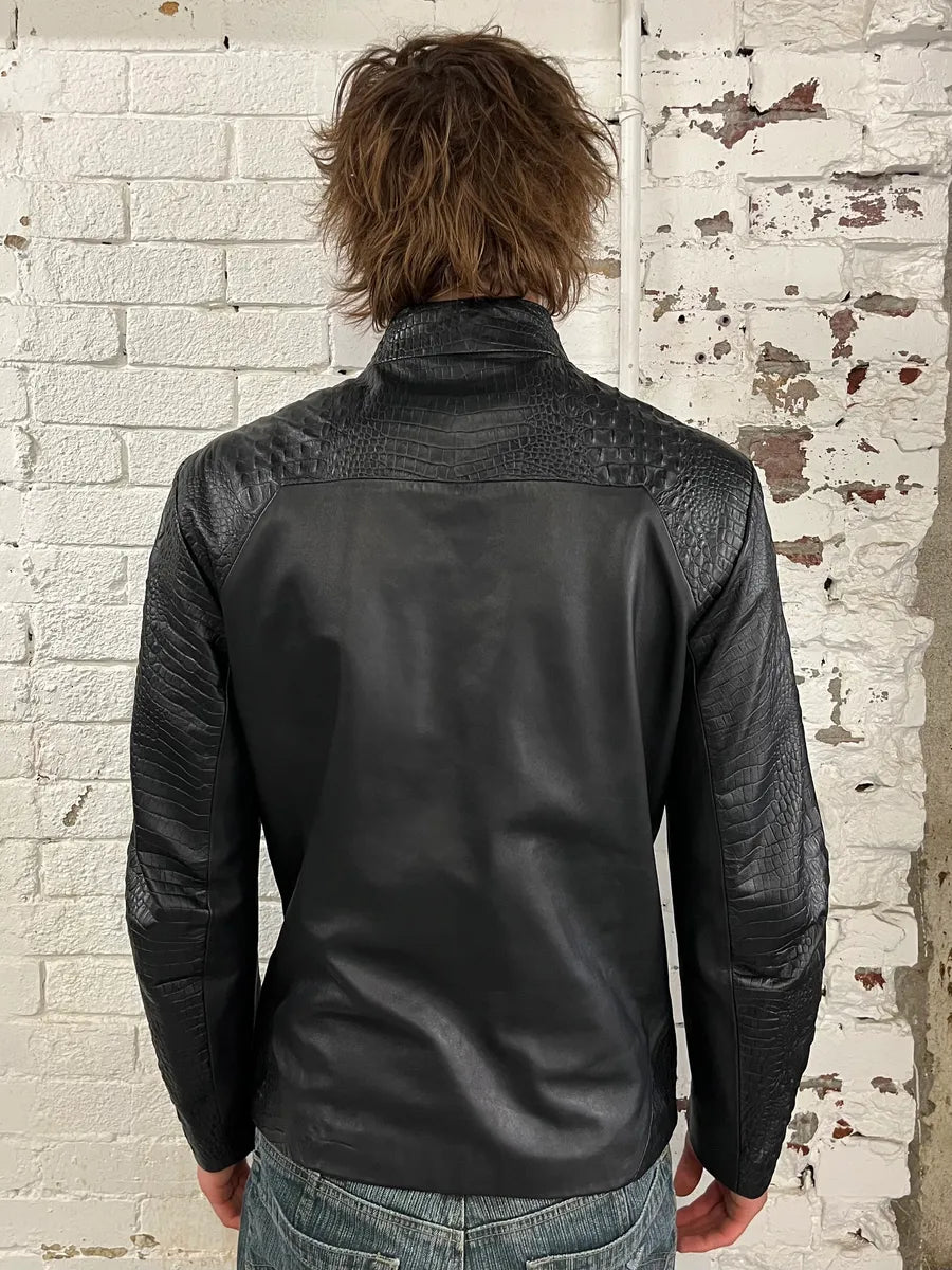 2010s Dirk Bikkembergs Black Biker Crocodile Embossed Leather Jacket KAdctiG 2