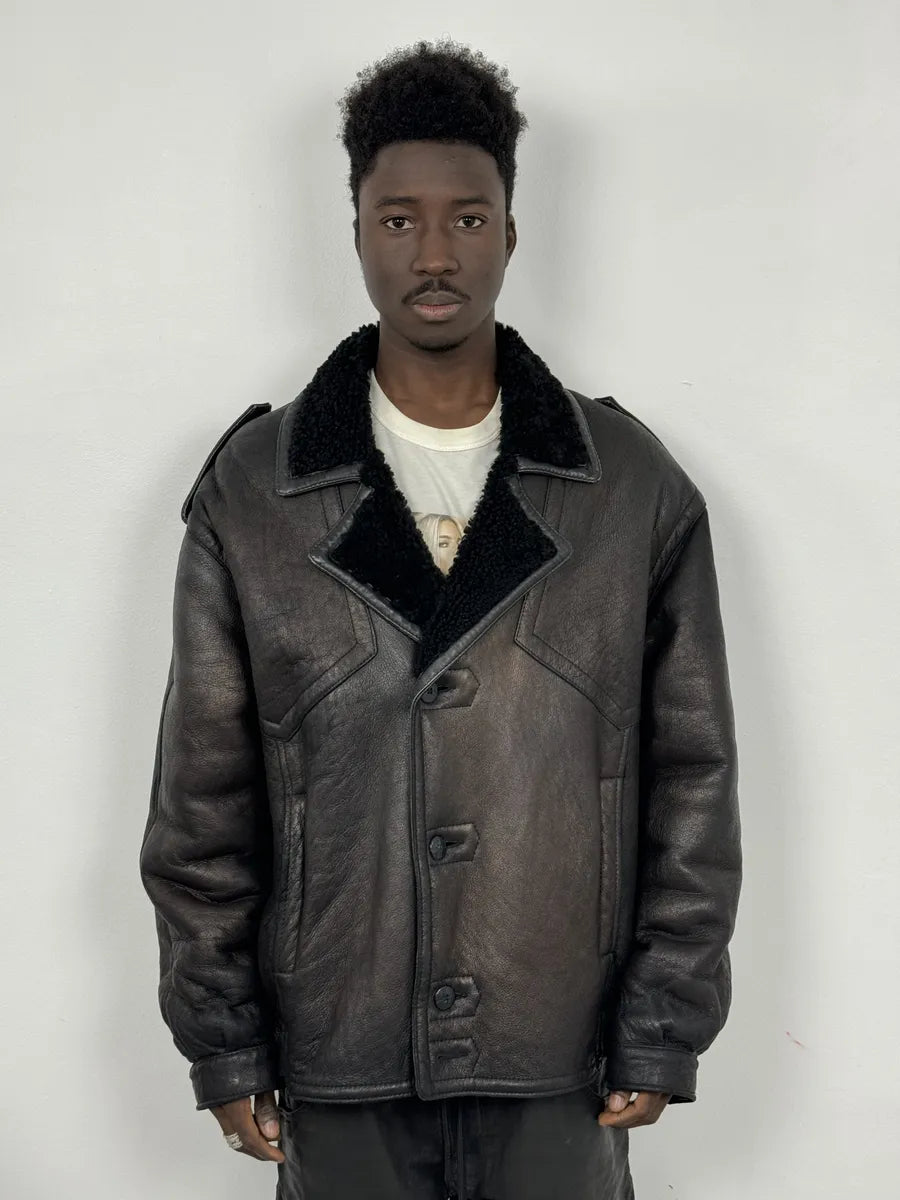 AW1987 Valentino Black Eroded Shearling Leather Jacket ziaOMxZ 0