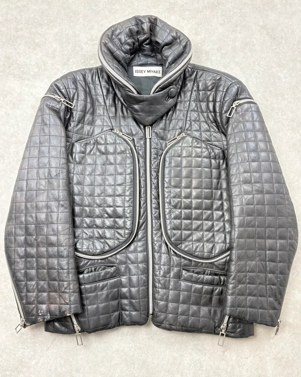 AW1991 Issey Miyake Backzip Quilted Black Leather Jacket zXVTAdU 0