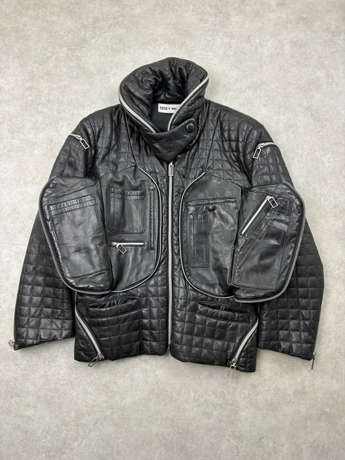 AW1991 Issey Miyake Backzip Quilted Black Leather Jacket zXVTAdU 4