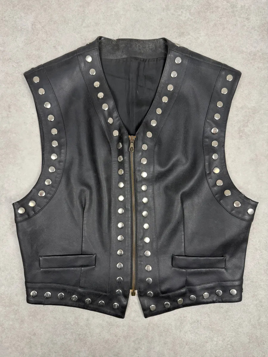 AW1993 Dolce & Gabbana Black Studded Sleeveless Leather Biker Waistcoast Vest veOQctx 0