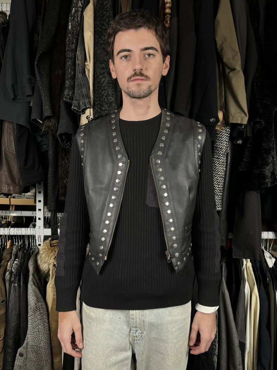 AW1993 Dolce & Gabbana Black Studded Sleeveless Leather Biker Waistcoast Vest veOQctx 2