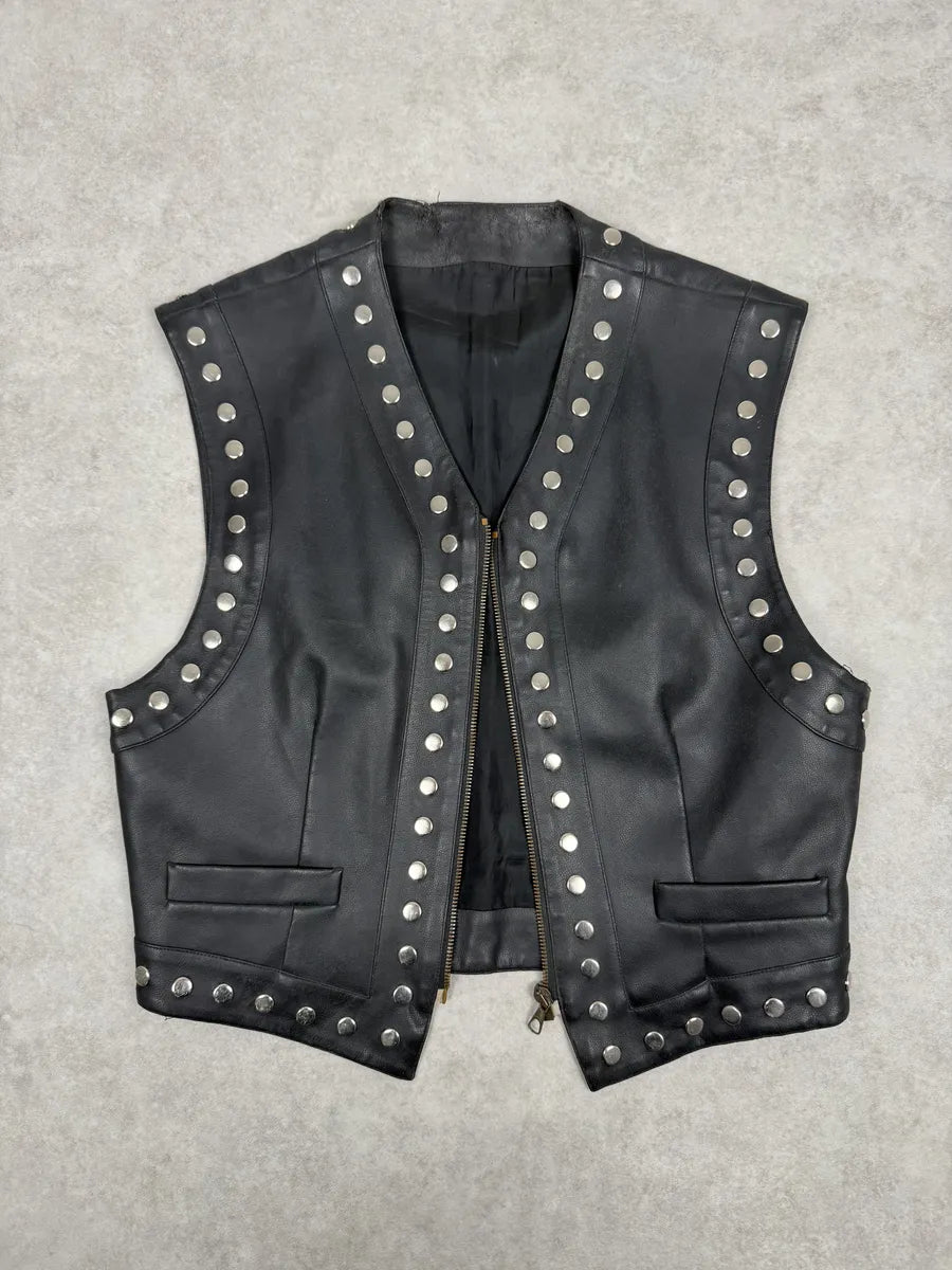 AW1993 Dolce & Gabbana Black Studded Sleeveless Leather Biker Waistcoast Vest veOQctx 4