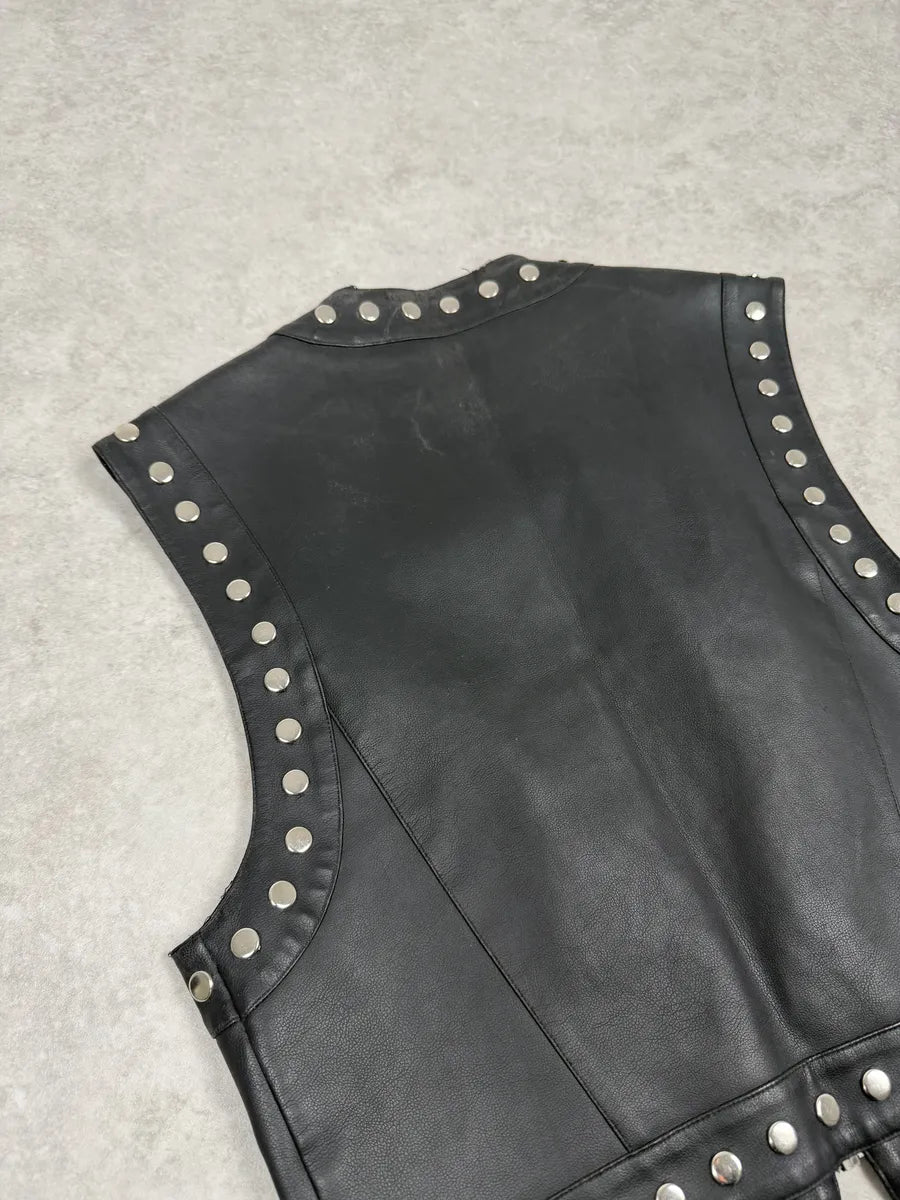AW1993 Dolce & Gabbana Black Studded Sleeveless Leather Biker Waistcoast Vest veOQctx 5