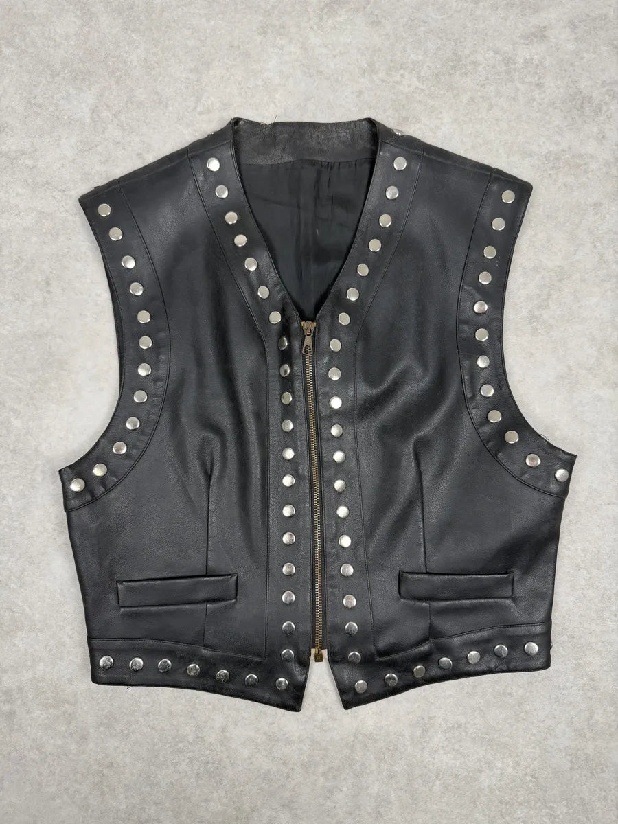 AW1993 Dolce & Gabbana Black Studded Sleeveless Leather Biker Waistcoast Vest veOQctx 6