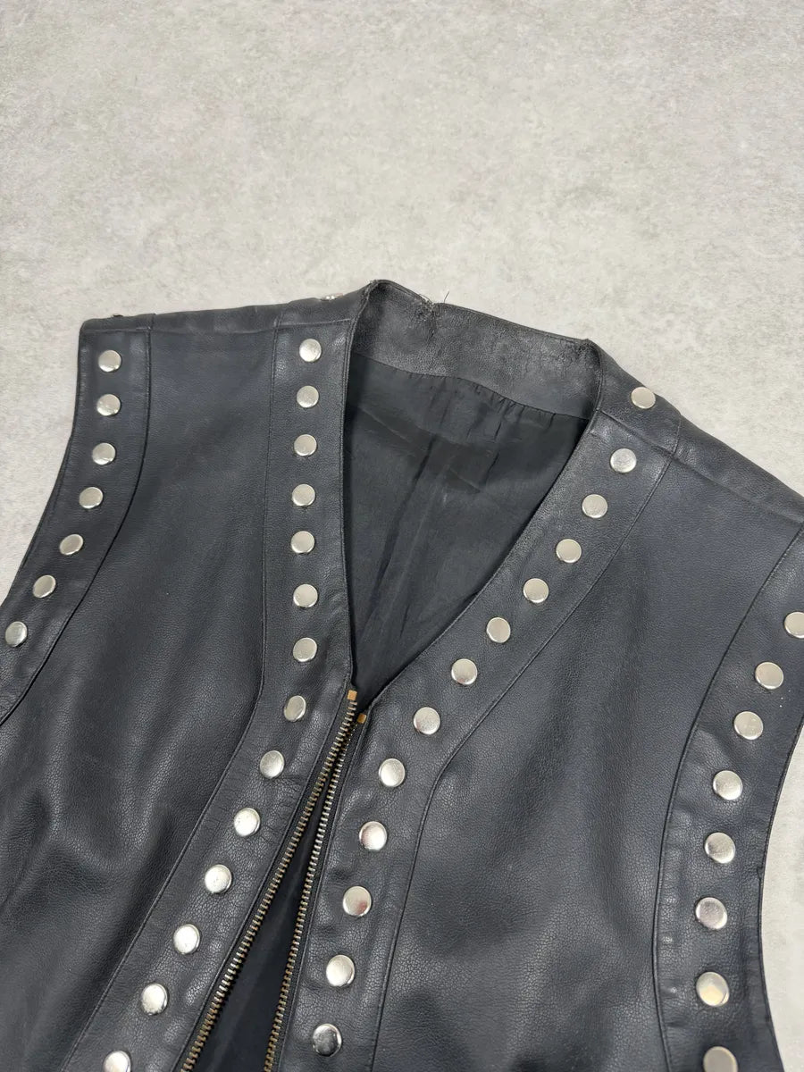 AW1993 Dolce & Gabbana Black Studded Sleeveless Leather Biker Waistcoast Vest veOQctx 7
