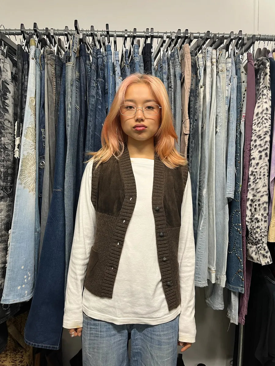 AW1993 Dolce & Gabbana Wool Leather Brown Sleeveless Cardigan mBcAYqq 2