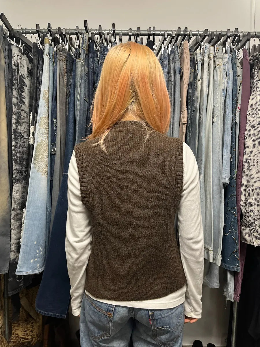 AW1993 Dolce & Gabbana Wool Leather Brown Sleeveless Cardigan mBcAYqq 3