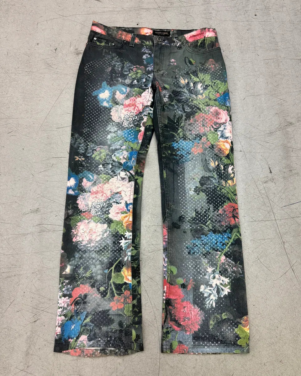 AW1994 Roberto Cavalli Black Denim Floral Print Pants imspTwI 0