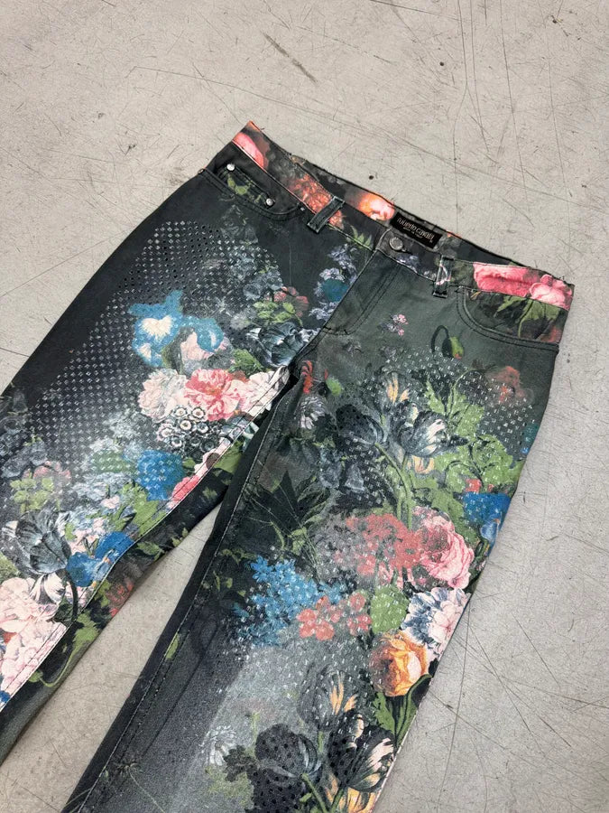 AW1994 Roberto Cavalli Black Denim Floral Print Pants imspTwI 6