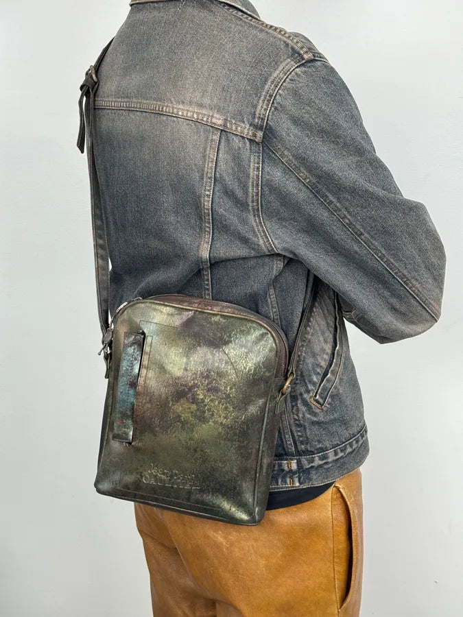 AW1995 Jean Paul Gaultier Green Eroded World Satin Leather Bag QEwunHo 1