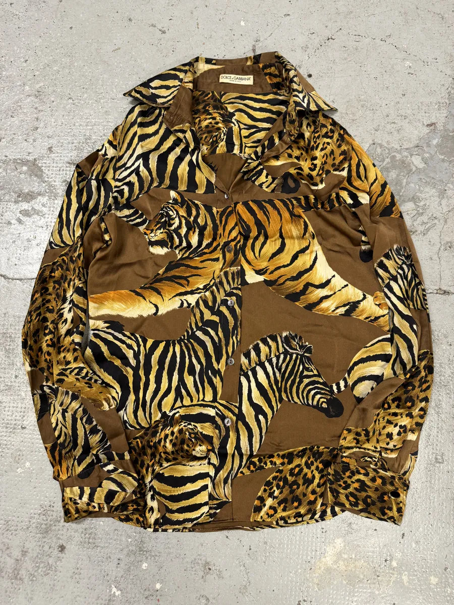 AW1996 Dolce & Gabbana Silk Tiger Brown Safari Shirt oFobZsZ 0
