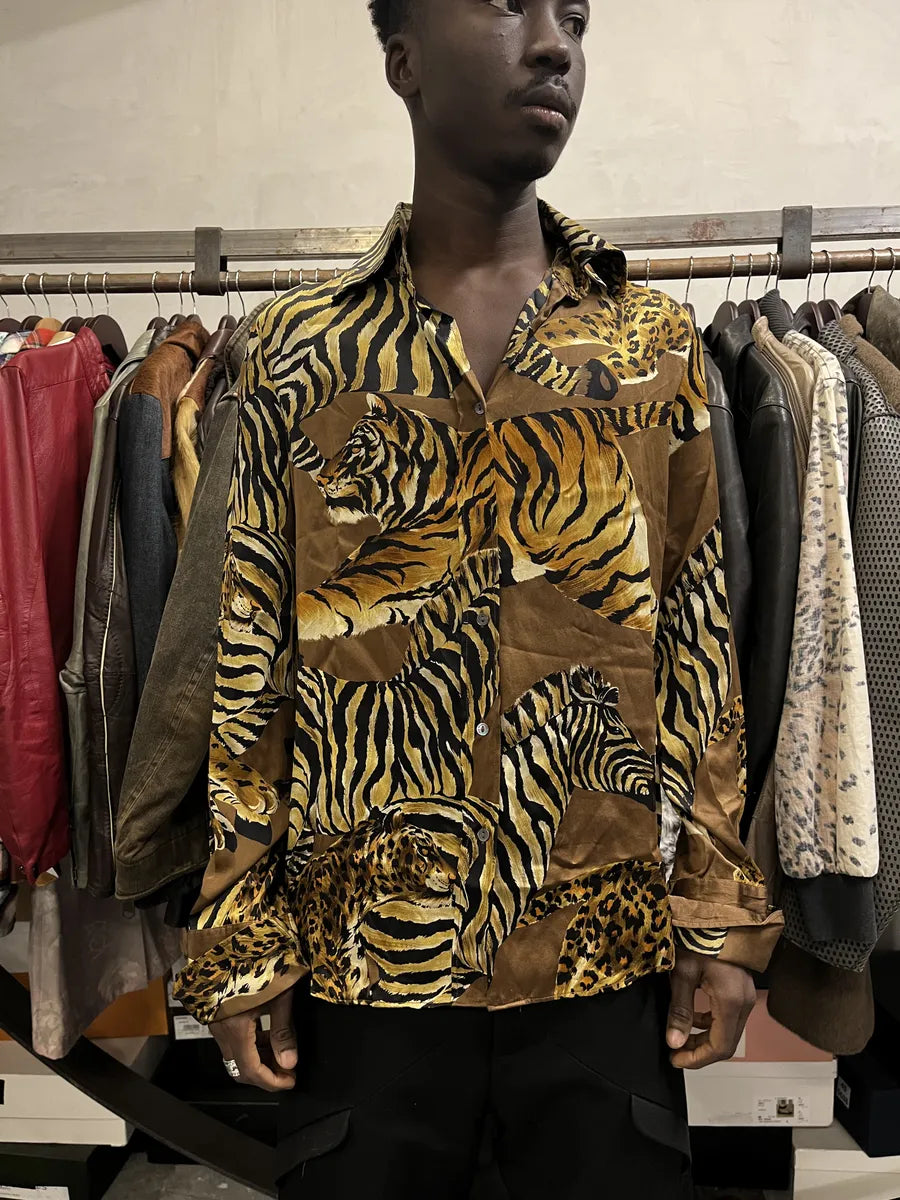 AW1996 Dolce & Gabbana Silk Tiger Brown Safari Shirt oFobZsZ 1
