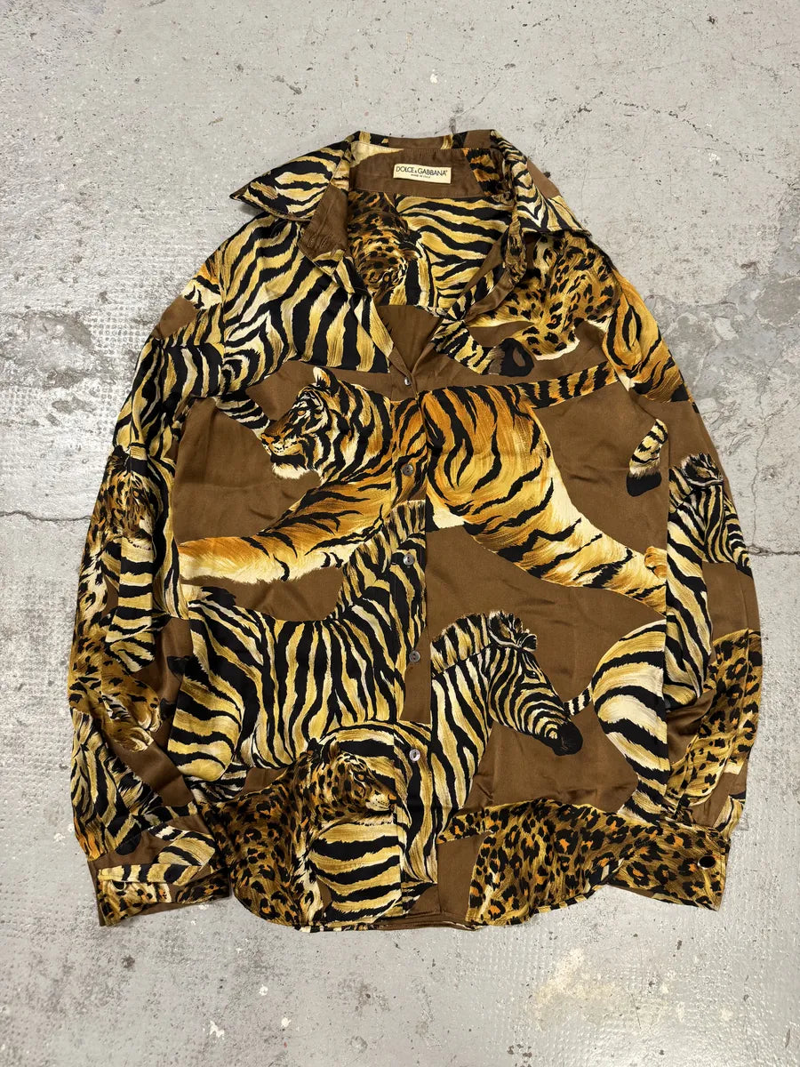 AW1996 Dolce & Gabbana Silk Tiger Brown Safari Shirt oFobZsZ 3