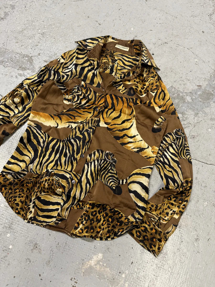 AW1996 Dolce & Gabbana Silk Tiger Brown Safari Shirt oFobZsZ 7
