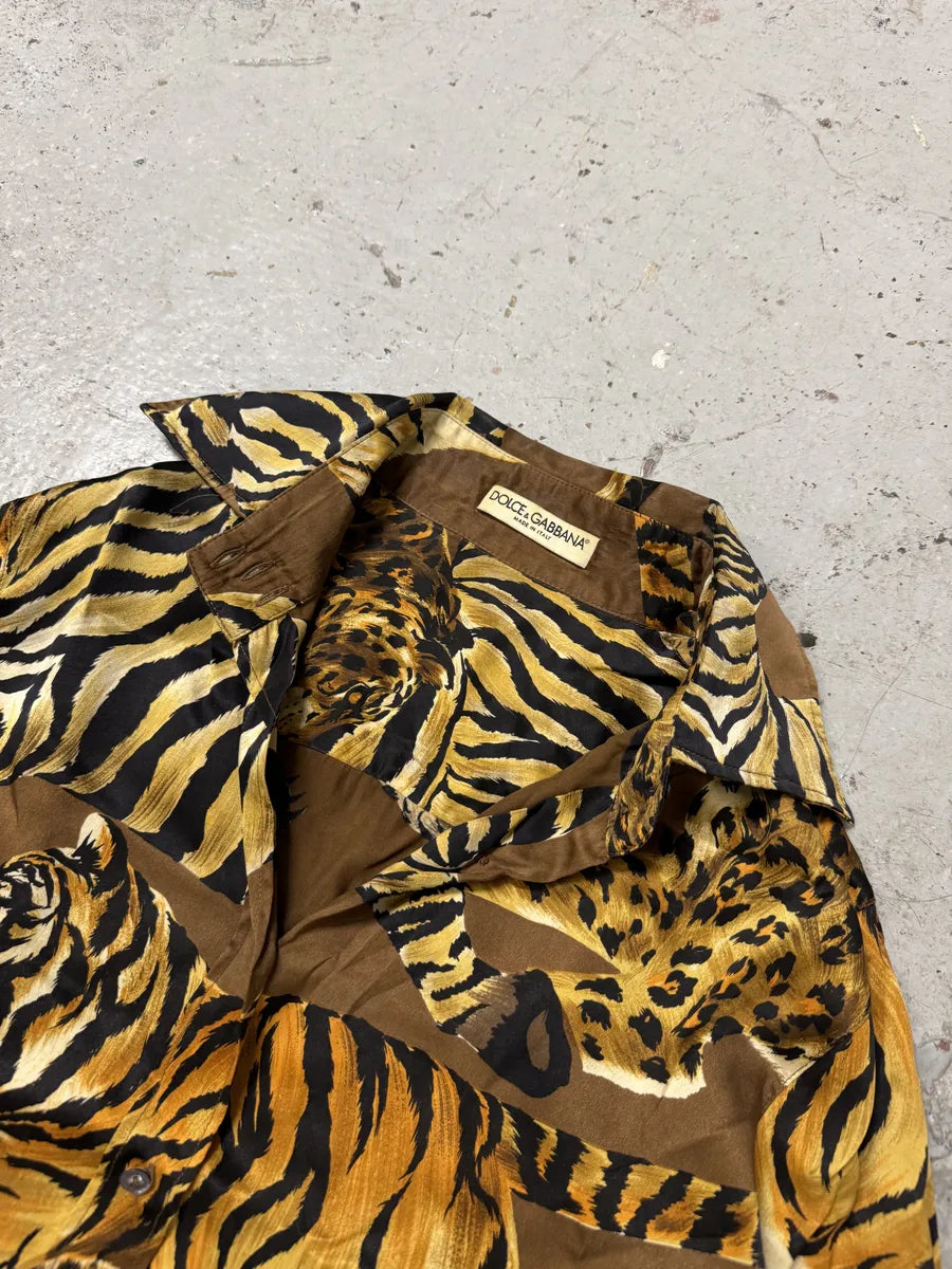 AW1996 Dolce & Gabbana Silk Tiger Brown Safari Shirt oFobZsZ 9