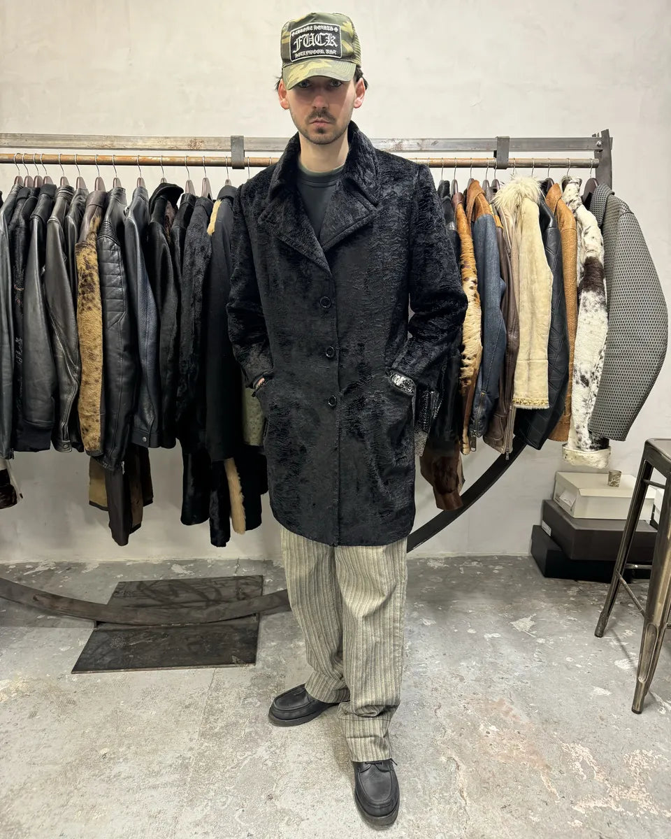 AW1998 Dolce & Gabbana Fur Effect Relief Black Long Jacket yVTgRWN 1