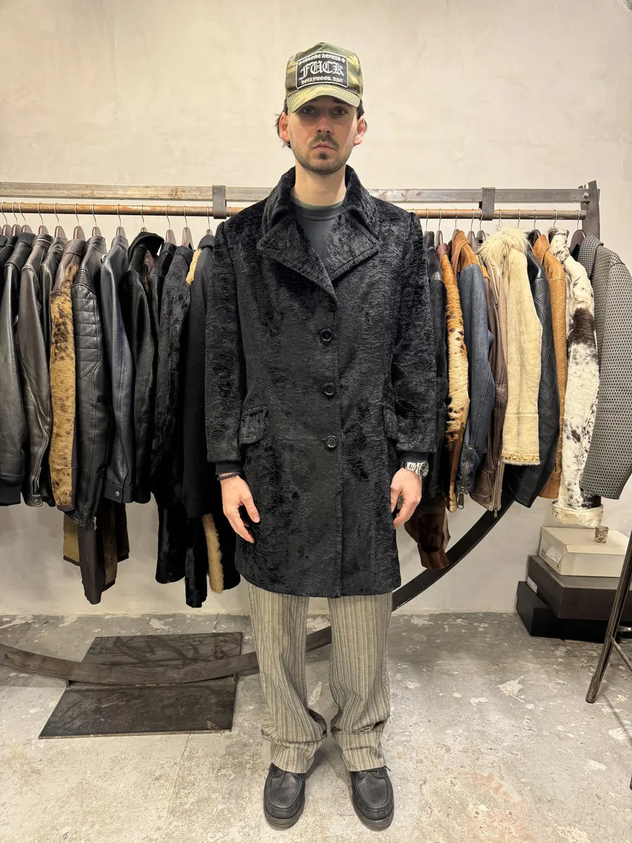 AW1998 Dolce & Gabbana Fur Effect Relief Black Long Jacket yVTgRWN 2