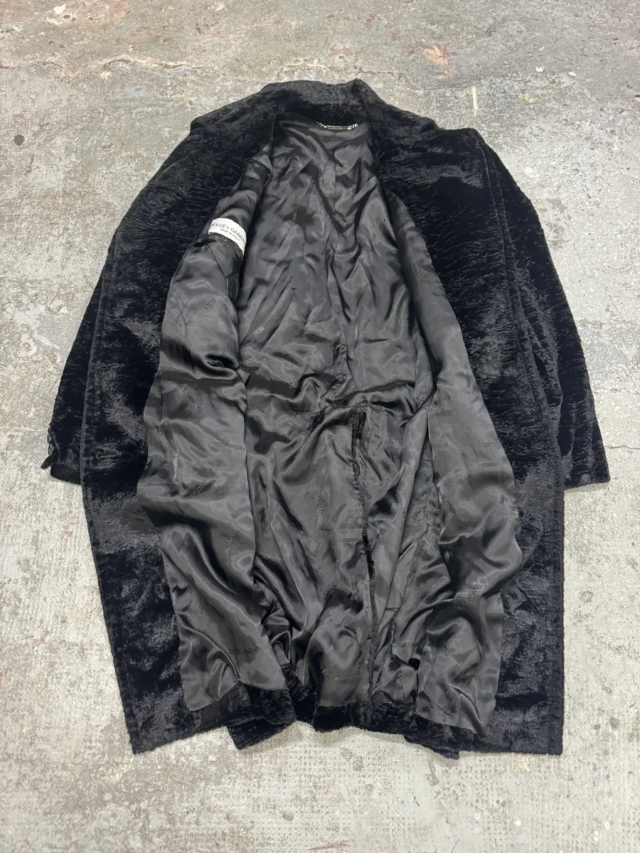 AW1998 Dolce & Gabbana Fur Effect Relief Black Long Jacket yVTgRWN 9