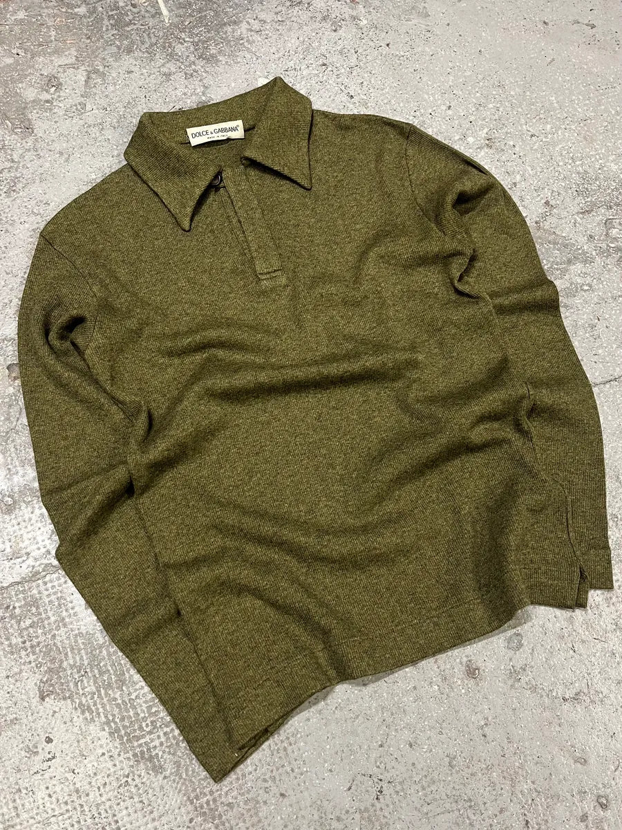 AW1998 Dolce & Gabbana Olive Pure Wool Polo Sweater (M) LyjuHVz 1