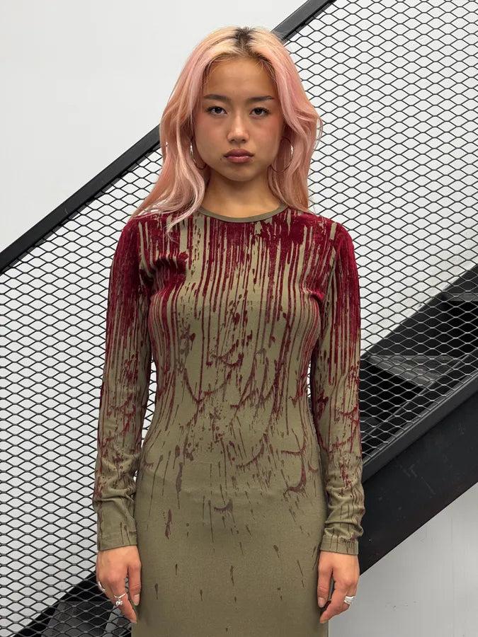 AW1998 Jean Paul Gaultier Blood Drip Kaki Maxi Dress YUXuTWS 5