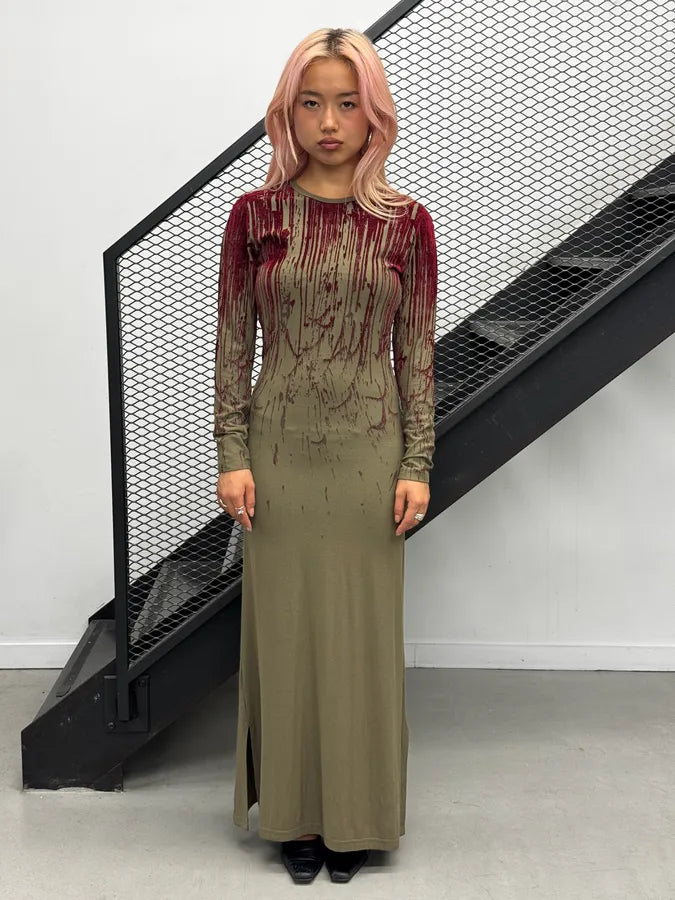 AW1998 Jean Paul Gaultier Blood Drip Kaki Maxi Dress YUXuTWS 0