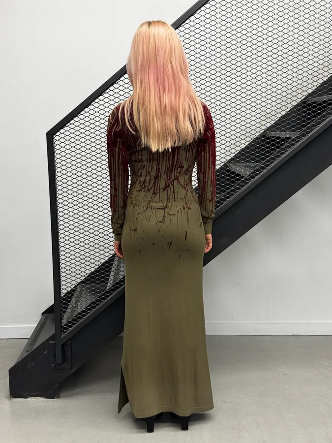 AW1998 Jean Paul Gaultier Blood Drip Kaki Maxi Dress YUXuTWS 1