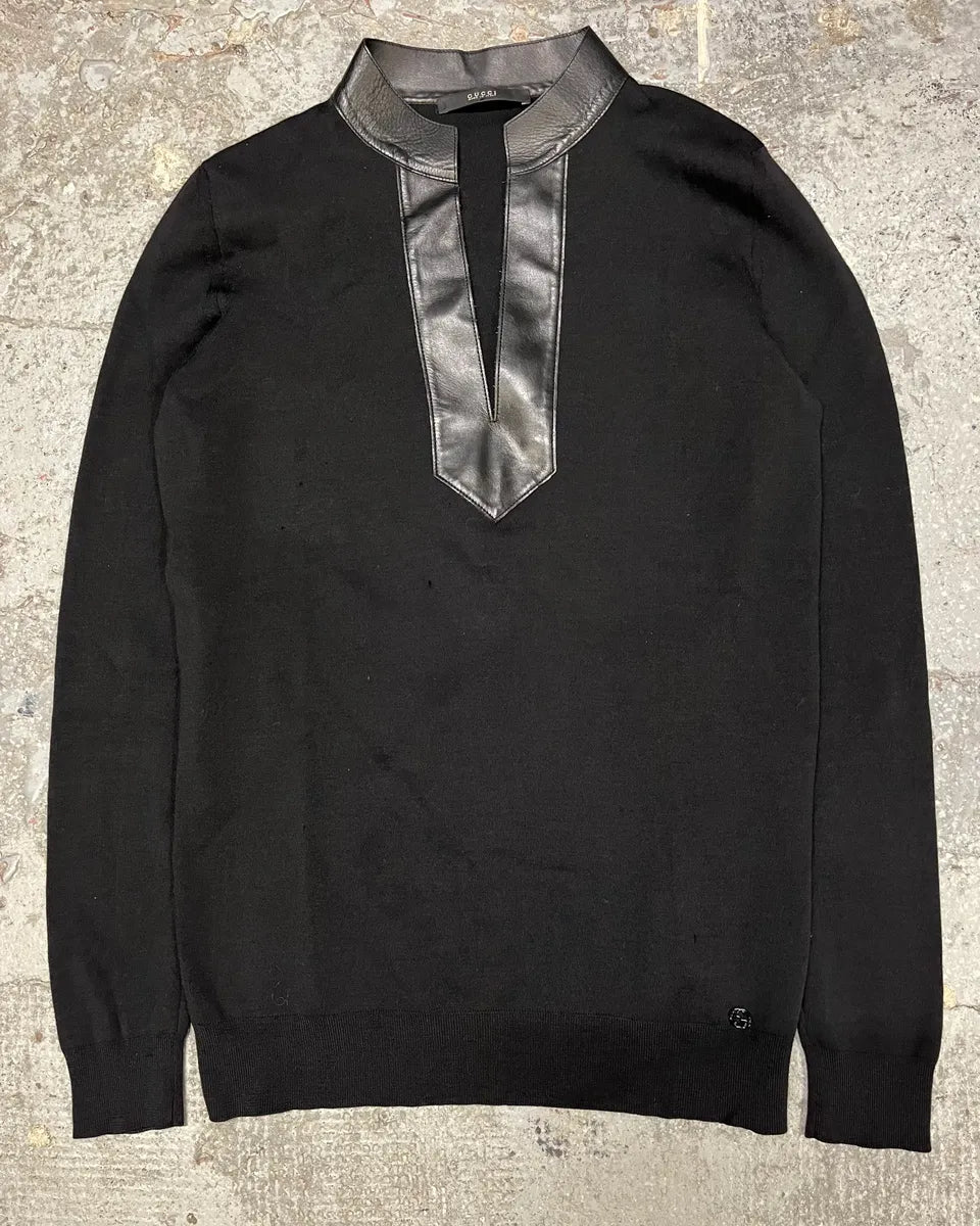 AW1999 Gucci Black Leather Collar Navy Sweater by Tom Ford (S/M) edjzApR 0