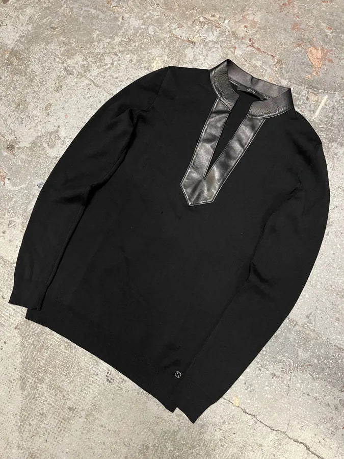 AW1999 Gucci Black Leather Collar Navy Sweater by Tom Ford (S/M) edjzApR 4