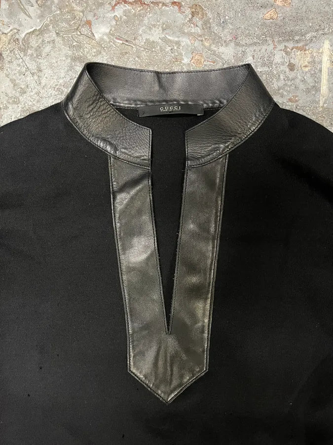 AW1999 Gucci Black Leather Collar Navy Sweater by Tom Ford (S/M) edjzApR 6