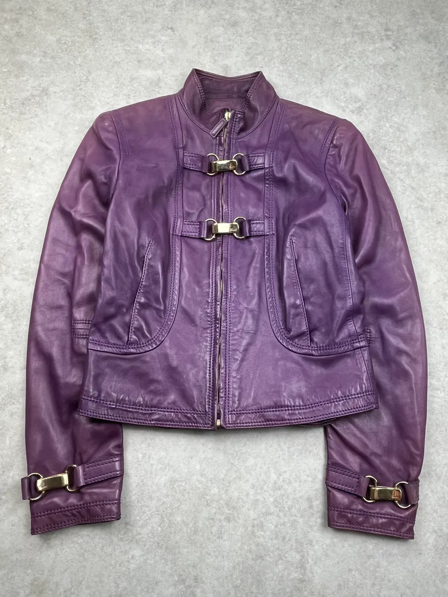 AW1999 Gucci Double Buckle Purple Leather Jacket by Tom Ford BfMpytk 0
