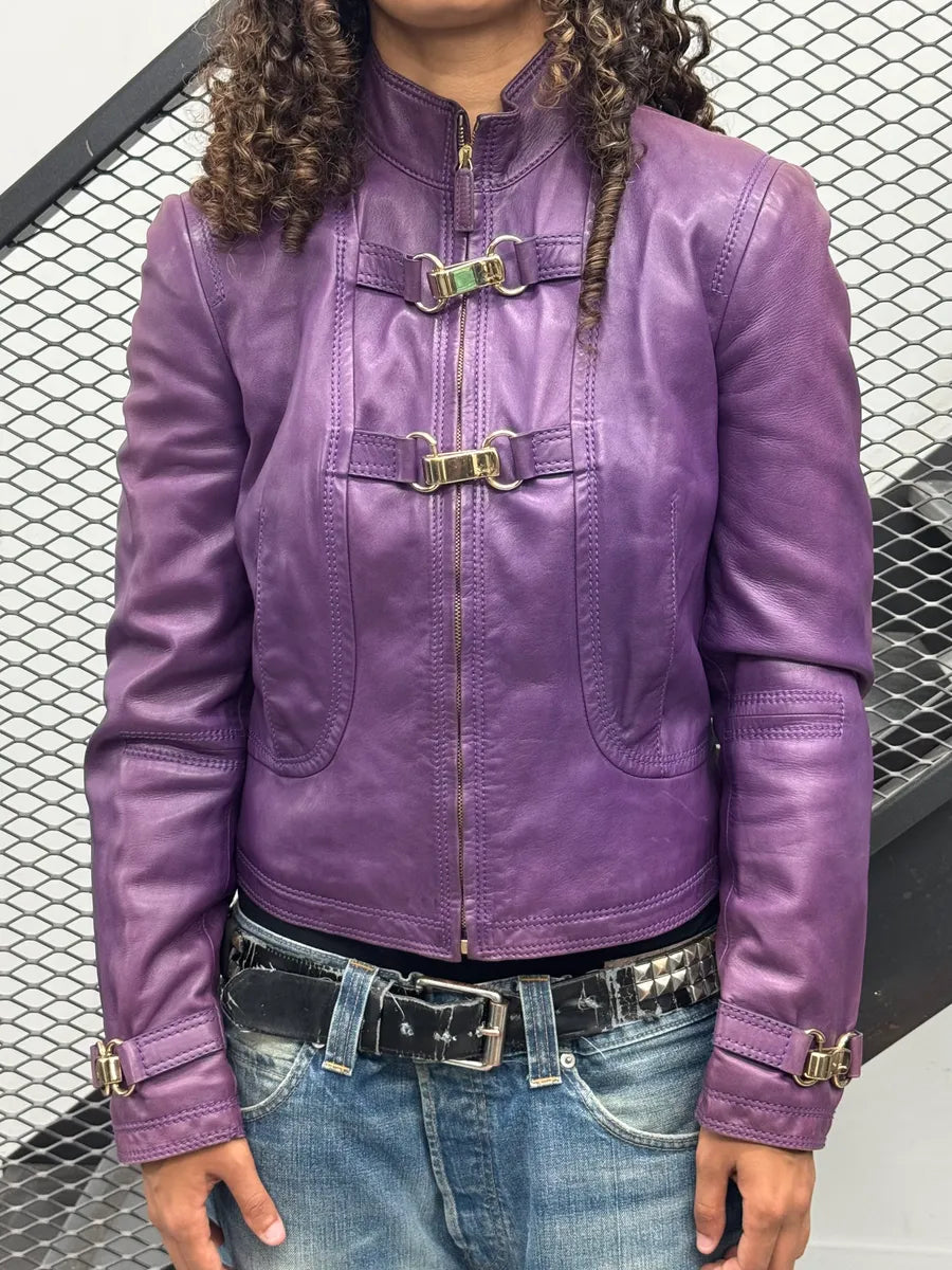 AW1999 Gucci Double Buckle Purple Leather Jacket by Tom Ford BfMpytk 1