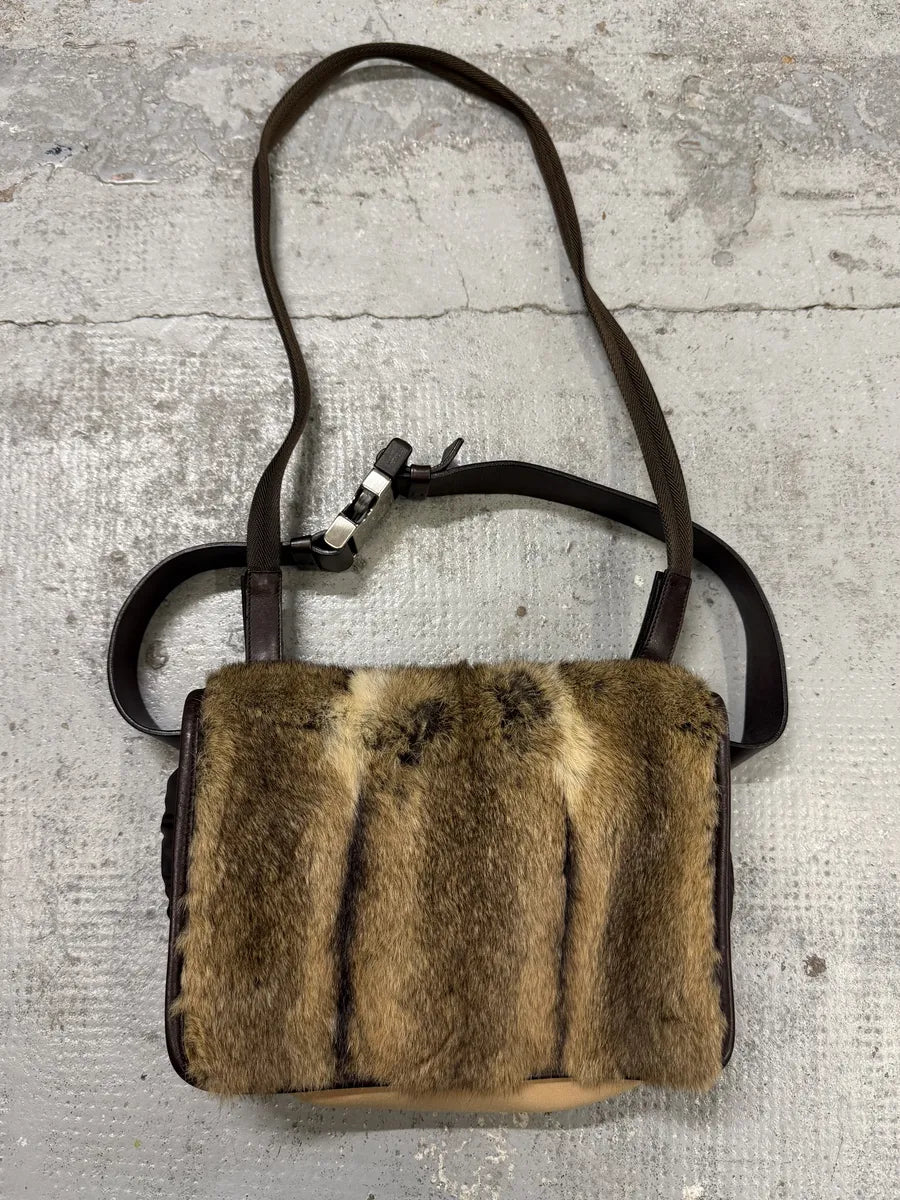 AW1999 Prada Beige Canvas Fur Shoulder Belted Bag QhkZzyi 0