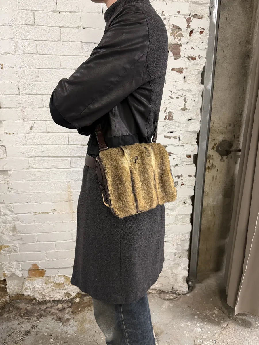 AW1999 Prada Beige Canvas Fur Shoulder Belted Bag QhkZzyi 2