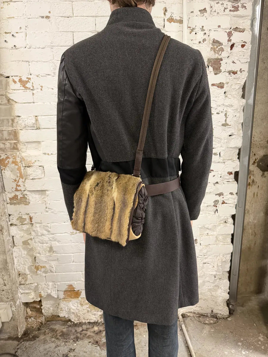AW1999 Prada Beige Canvas Fur Shoulder Belted Bag QhkZzyi 3