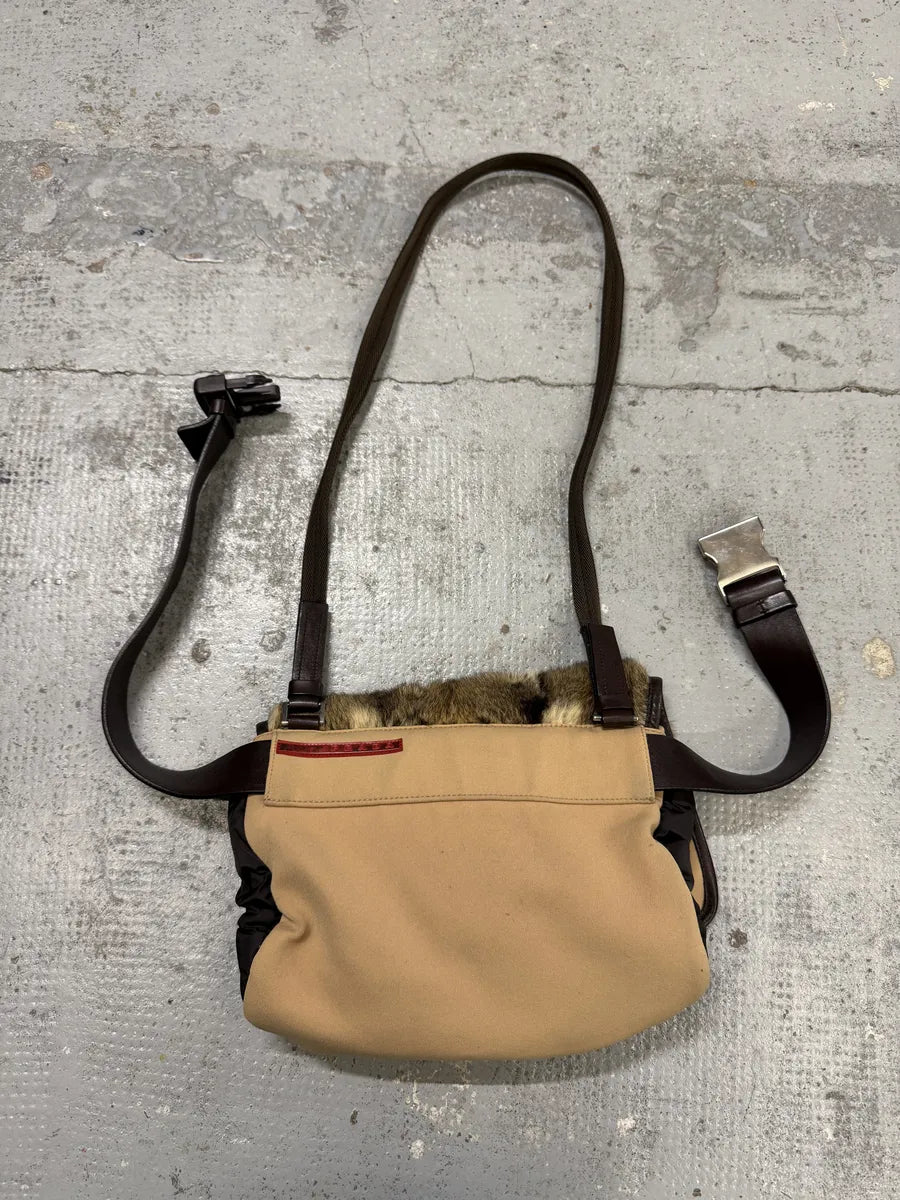 AW1999 Prada Beige Canvas Fur Shoulder Belted Bag QhkZzyi 4