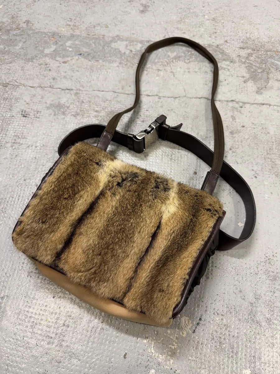 AW1999 Prada Beige Canvas Fur Shoulder Belted Bag QhkZzyi 6
