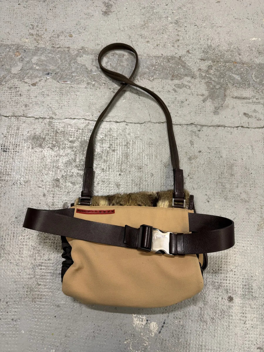 AW1999 Prada Beige Canvas Fur Shoulder Belted Bag QhkZzyi 7