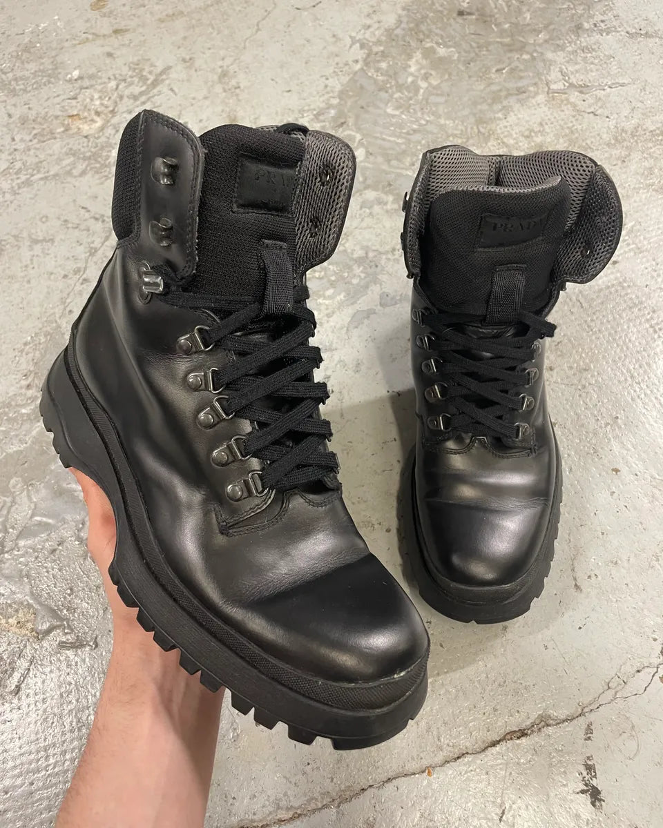 AW1999 Prada High Black Leather Vibram Boots (42.5eu/us9) XNkDBZt 0