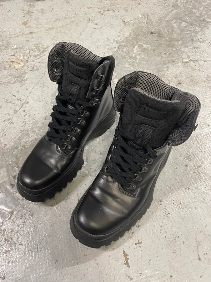 AW1999 Prada High Black Leather Vibram Boots (42.5eu/us9) XNkDBZt 2