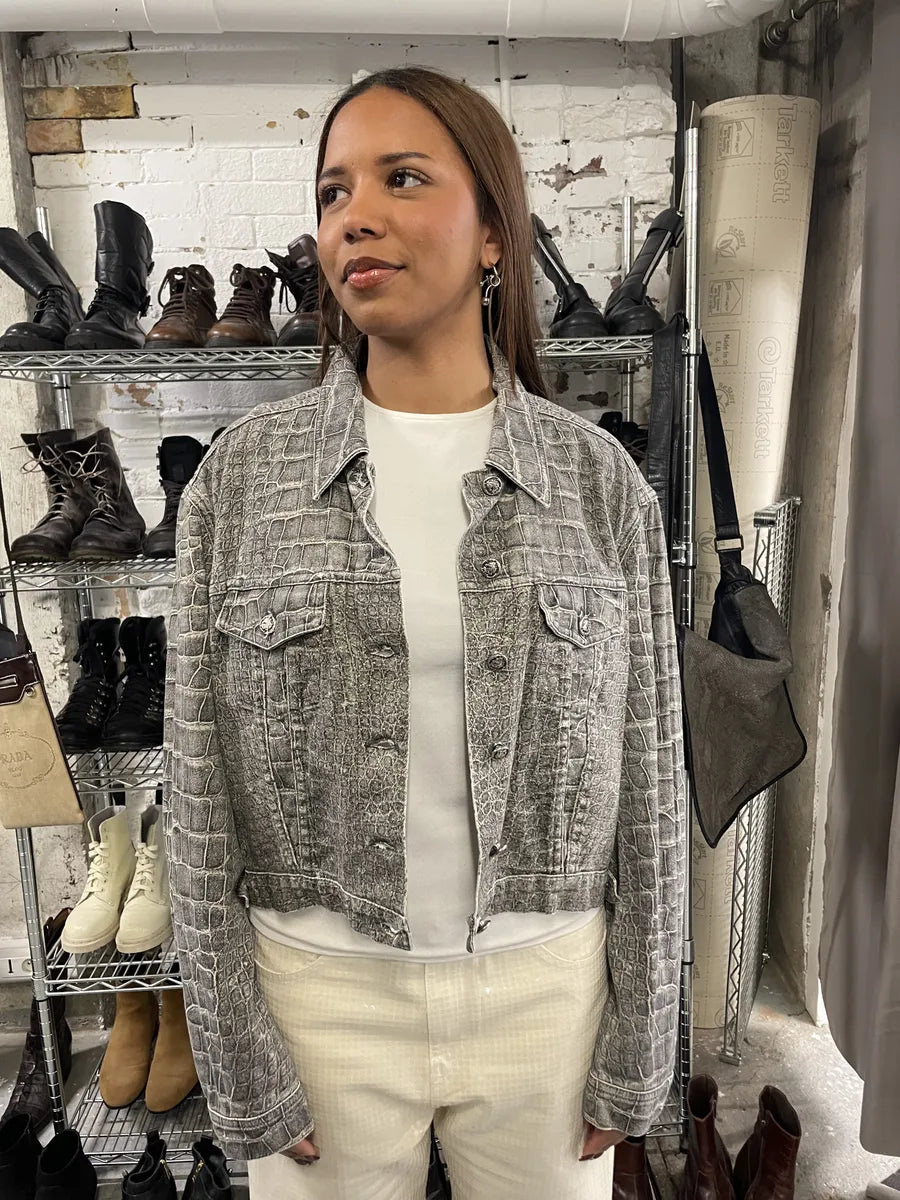 AW1999 Roberto Cavalli Crocodile Printed Cropped Denim Jacket (M) dCqkhmi 0