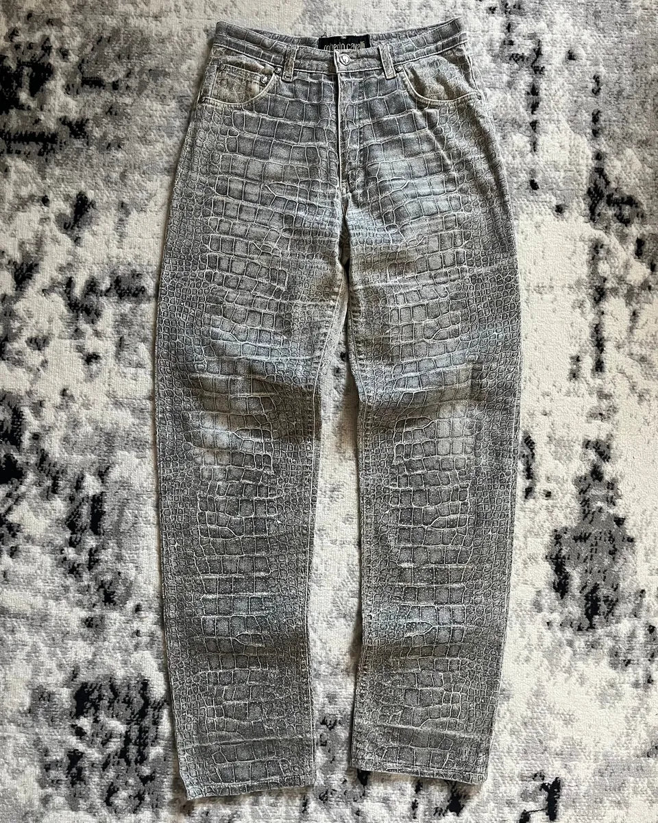 AW1999 Roberto Cavalli Crocodile Skin Effect Grey Pants lNWMtaM 3