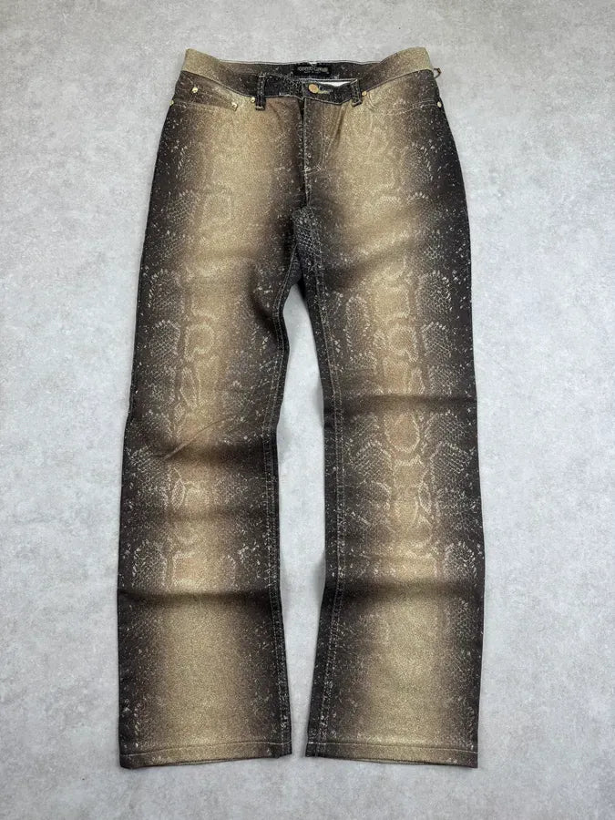 AW1999 Roberto Cavalli Golden Brown Metallic Python Print Flared Pants FPXcWFY 0