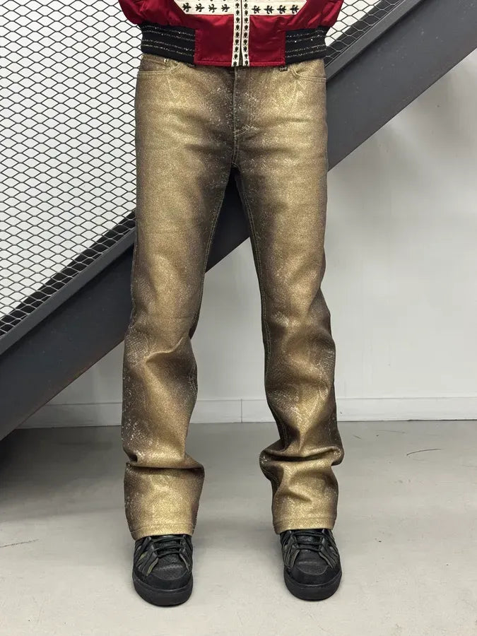 AW1999 Roberto Cavalli Golden Brown Metallic Python Print Flared Pants FPXcWFY 1