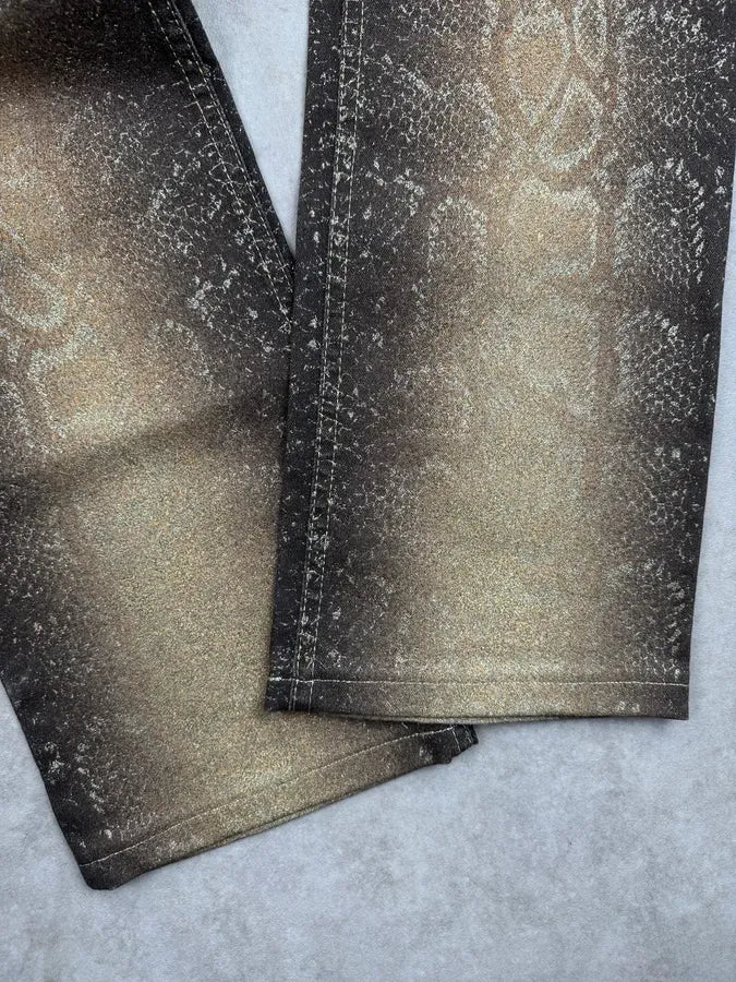 AW1999 Roberto Cavalli Golden Brown Metallic Python Print Flared Pants FPXcWFY 10