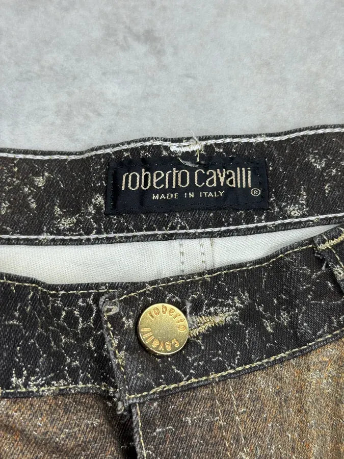 AW1999 Roberto Cavalli Golden Brown Metallic Python Print Flared Pants FPXcWFY 12